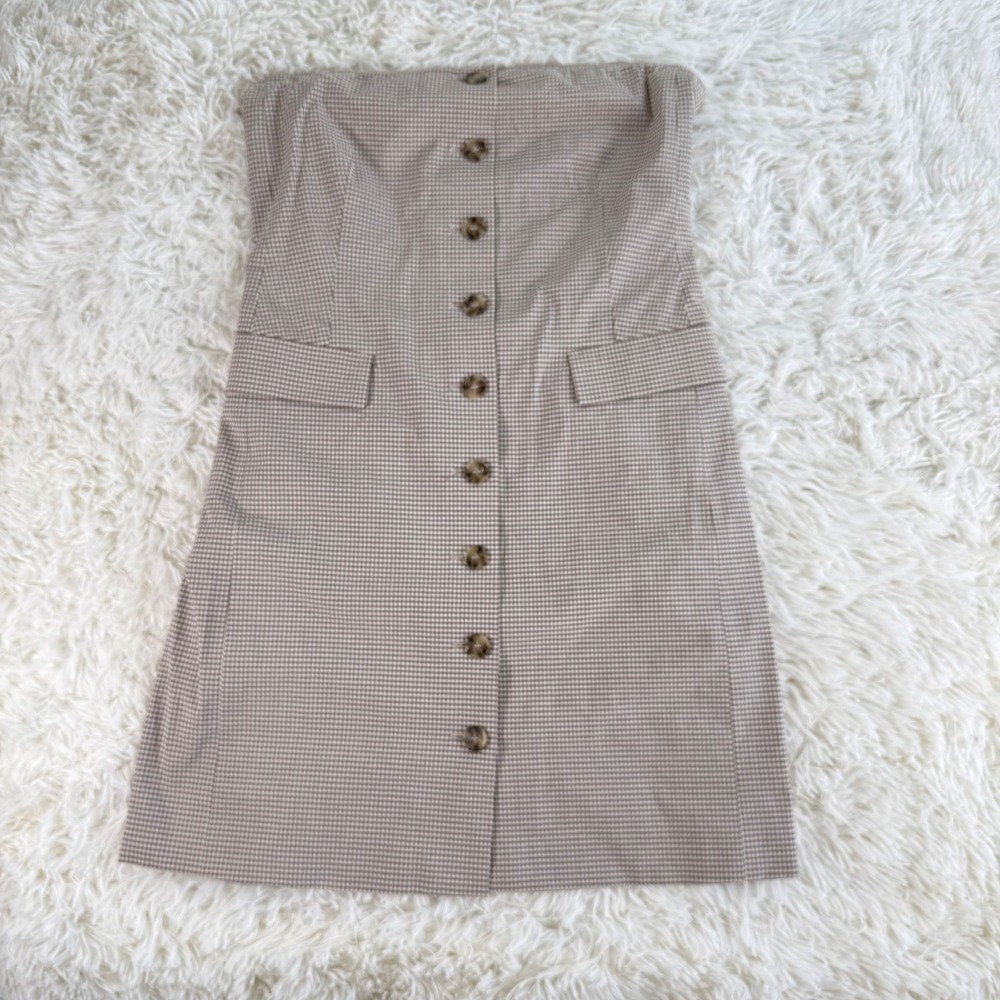 Vintage Theory Strapless Gingham Button Front Dress Brown White Silk Size 10